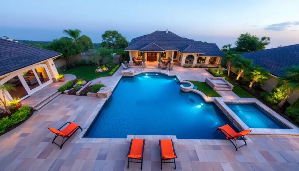 Enhance your outdoor living with Hardscapes & Pools showcasing a beautiful stone patio and glistening pool.