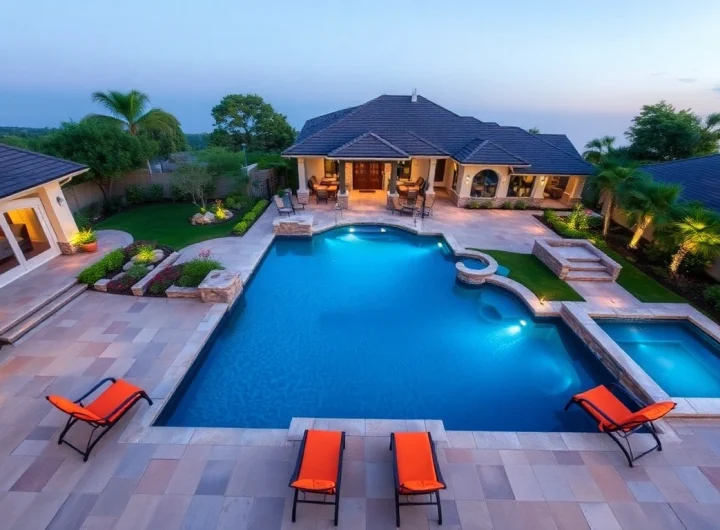 Enhance your outdoor living with Hardscapes & Pools showcasing a beautiful stone patio and glistening pool.