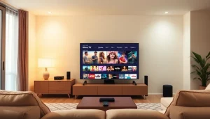 Enjoy watching IPTV Suisse content in a cozy living room with a vibrant TV display.