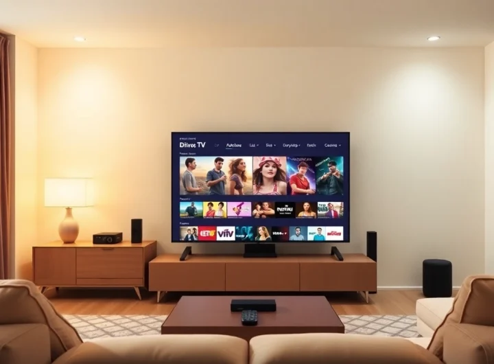 Enjoy watching IPTV Suisse content in a cozy living room with a vibrant TV display.