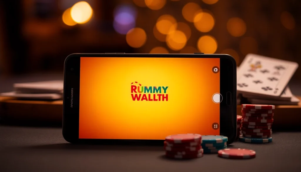 Play Rummy Wealth with a smartphone showcasing vibrant gameplay surrounded by attention-grabbing rummy cards.