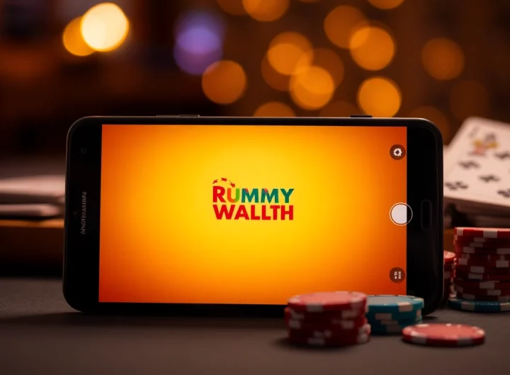 Play Rummy Wealth with a smartphone showcasing vibrant gameplay surrounded by attention-grabbing rummy cards.