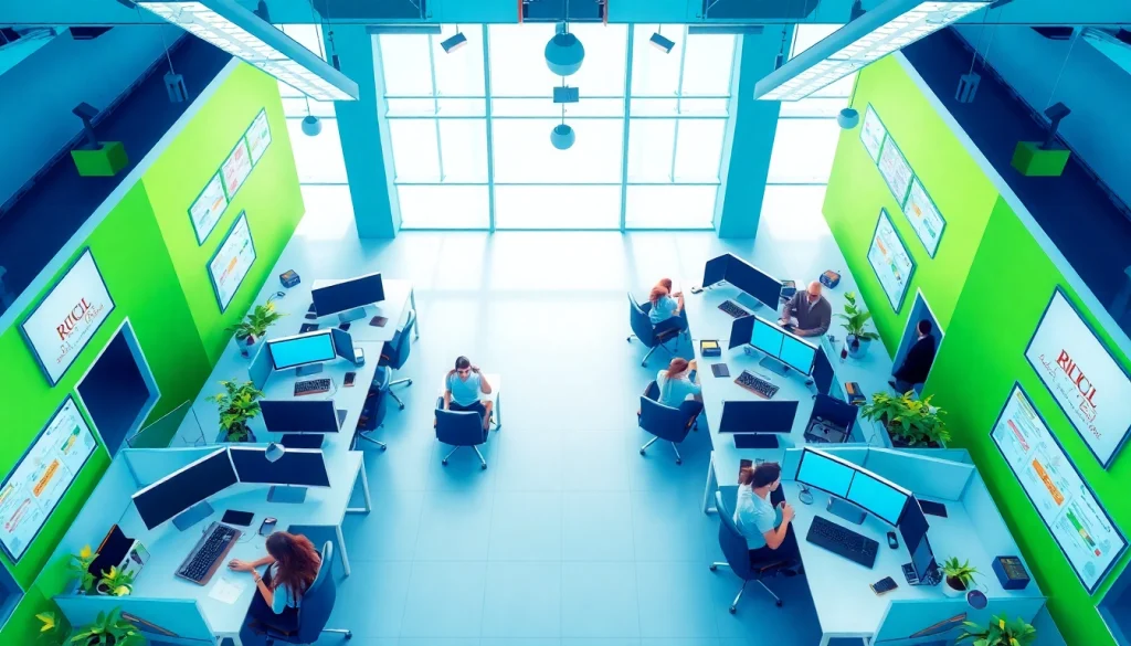 Agents collaborating in Tijuana call centers, showcasing a modern and vibrant workspace filled with technology.