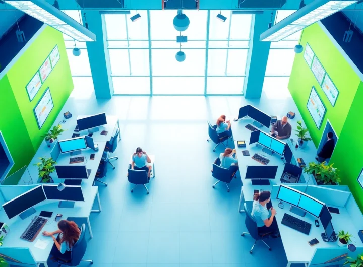 Agents collaborating in Tijuana call centers, showcasing a modern and vibrant workspace filled with technology.