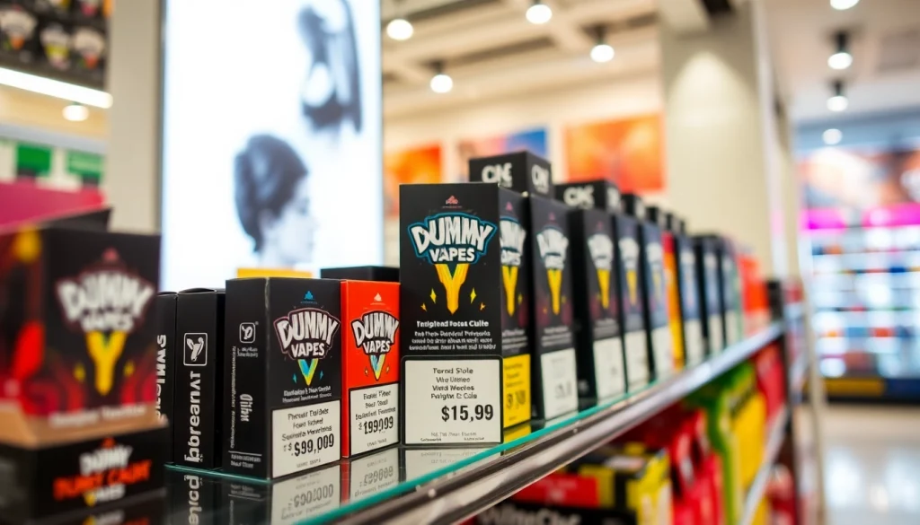 Showcase the range of dummy vapes price with various brands and packaging in a retail setting.