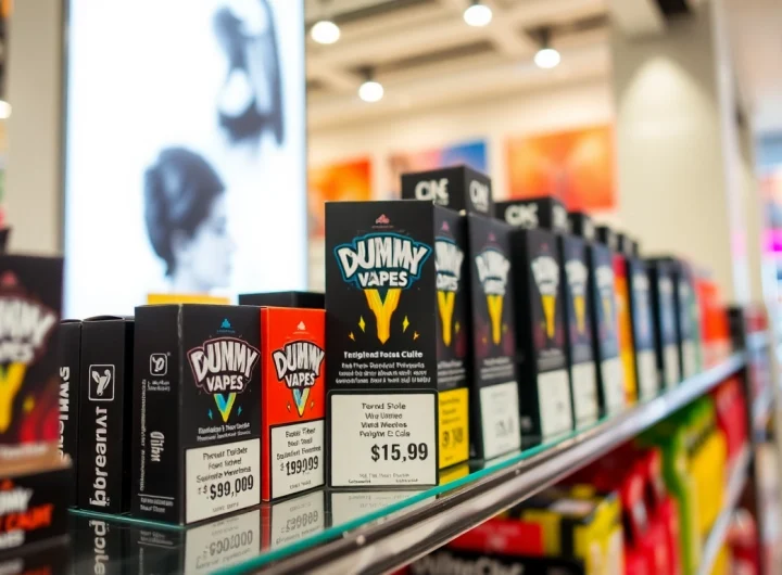 Showcase the range of dummy vapes price with various brands and packaging in a retail setting.