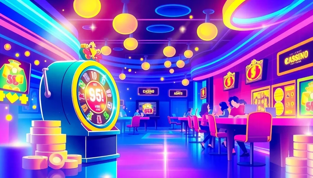 Experience thrilling slot gacor action with colorful machines and happy players in a modern casino.