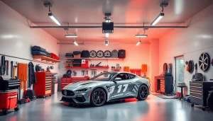 Showcase a stunning custom garages interior with organized workspace and stylish vehicle.