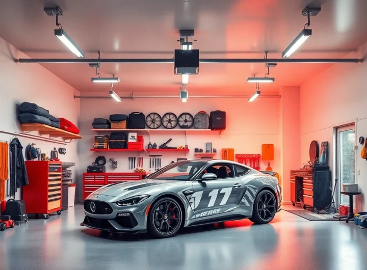 Showcase a stunning custom garages interior with organized workspace and stylish vehicle.