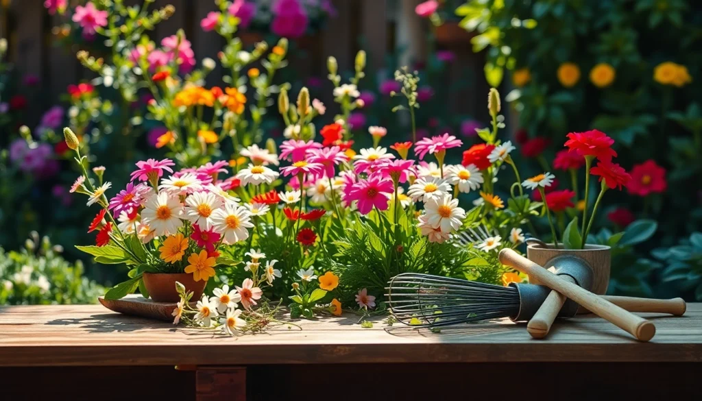 Spring clean up of a vibrant garden with tools and flowers, showcasing an organized outdoor space.