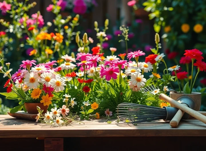 Spring clean up of a vibrant garden with tools and flowers, showcasing an organized outdoor space.