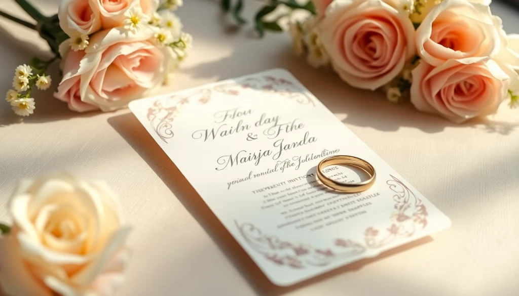 Stylish bryllups invitation featuring pastel colors and floral design, perfect for a romantic wedding.