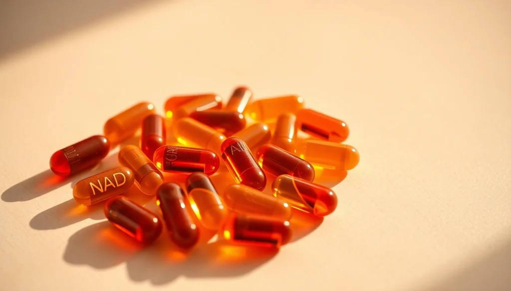 Enhance your energy with these vibrant NAD Supplement capsules on a natural wooden background.