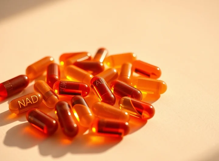 Enhance your energy with these vibrant NAD Supplement capsules on a natural wooden background.