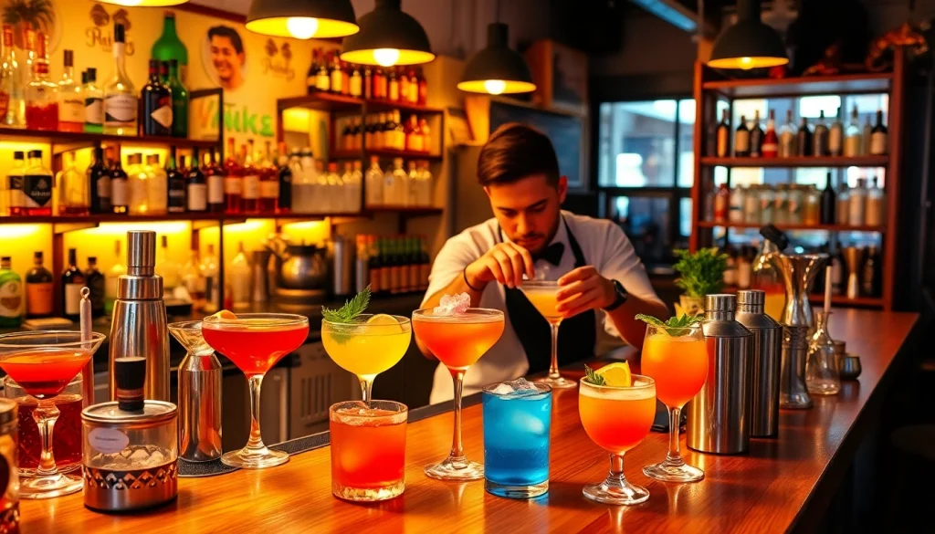 Mixologist demonstrating cocktailkurs techniques with colorful ingredients and glassware on a stylish bar.