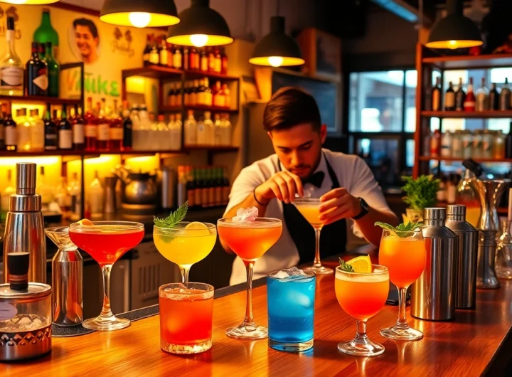 Mixologist demonstrating cocktailkurs techniques with colorful ingredients and glassware on a stylish bar.