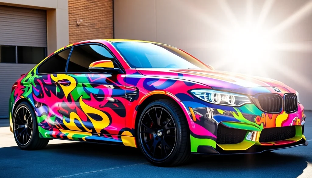 Custom Car Wrap Services showcasing a stunning vehicle wrap with vivid colors and unique design details.