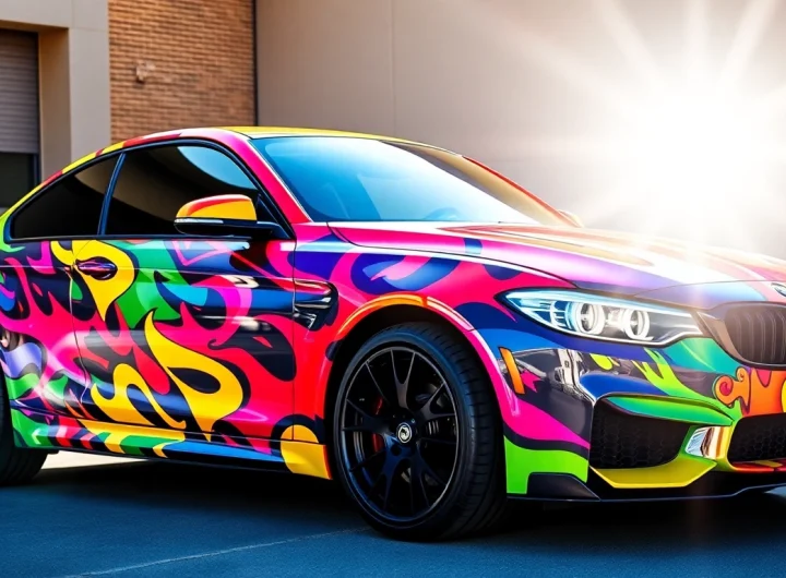 Custom Car Wrap Services showcasing a stunning vehicle wrap with vivid colors and unique design details.