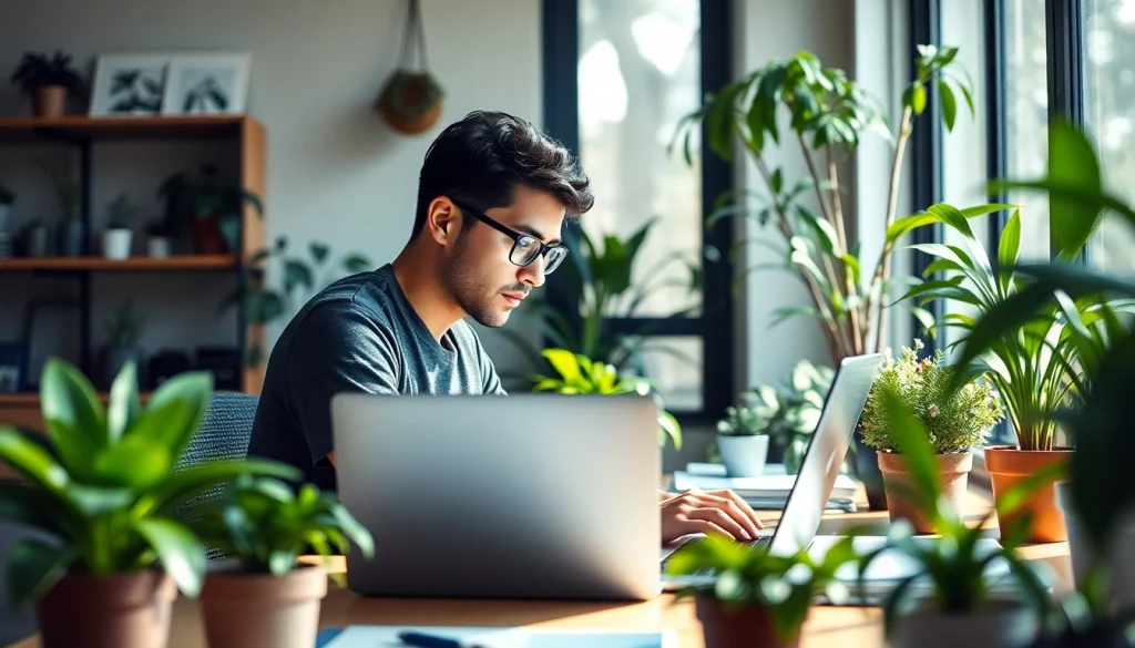 Stayfocused in a modern workspace with natural light and plants enhancing productivity.