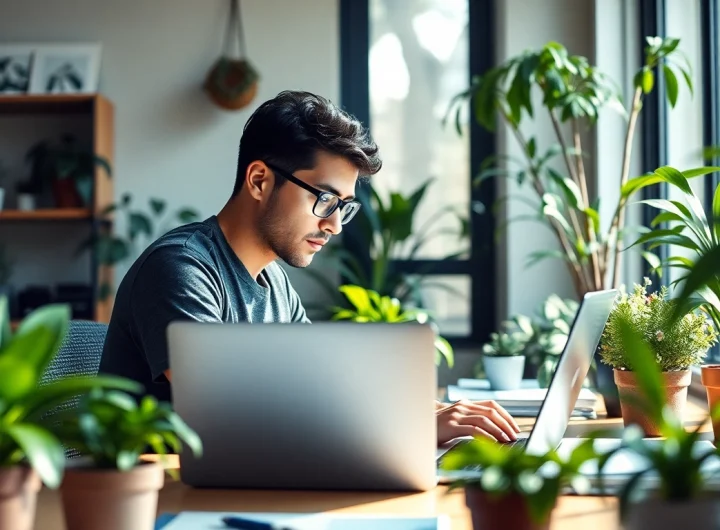 Stayfocused in a modern workspace with natural light and plants enhancing productivity.