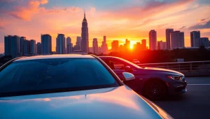 A luxury hire car with driver in Kuala Lumpur, showcasing elegance and comfort against a beautiful cityscape.