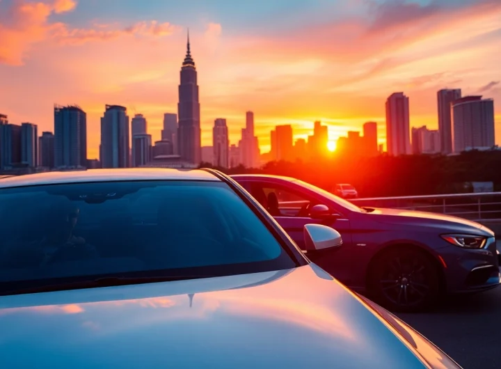 A luxury hire car with driver in Kuala Lumpur, showcasing elegance and comfort against a beautiful cityscape.