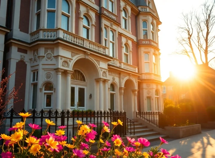 Explore the elegant Bloomsbury Residence, highlighting its stunning Victorian architecture and colorful flowers.