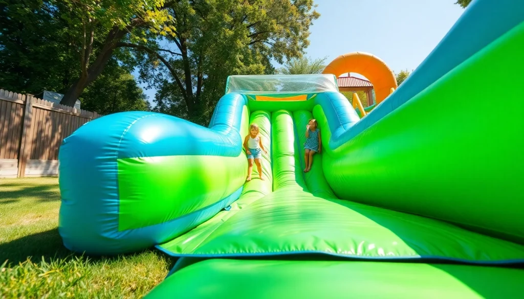 Kids enjoying an inflatable slip and slide, splashing water joyfully in a backyard setting.