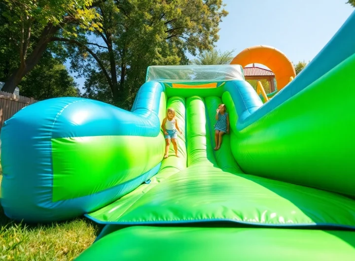 Kids enjoying an inflatable slip and slide, splashing water joyfully in a backyard setting.