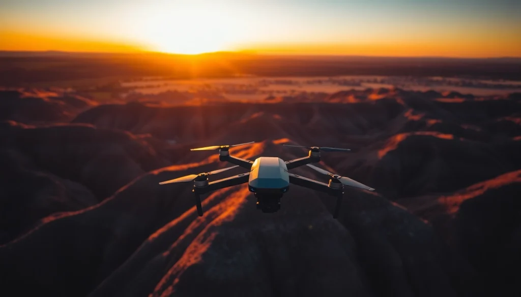 Aerial photography drone camera capturing a vibrant landscape at golden hour, showcasing stunning colors and texture.