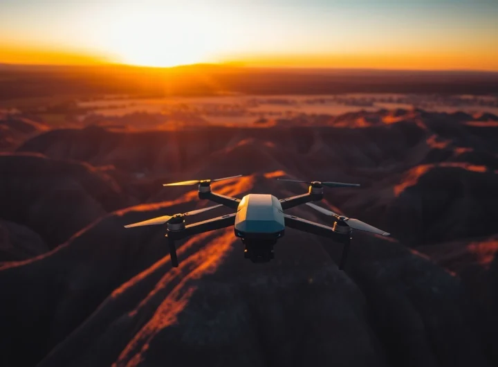 Aerial photography drone camera capturing a vibrant landscape at golden hour, showcasing stunning colors and texture.