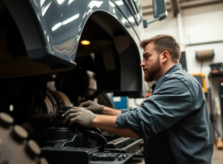 Providing the best truck repair service in Florida with expert mechanics working on a large truck in a garage.