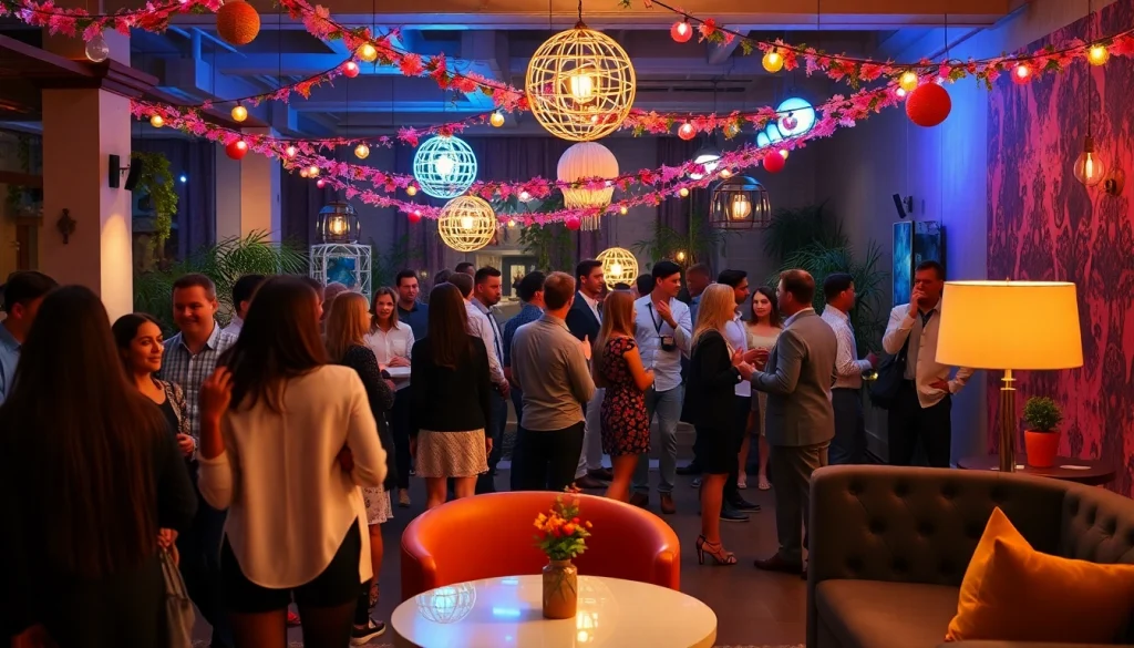 Celebrate a unique event with lively networking and stylish decorations at a modern after-work party.