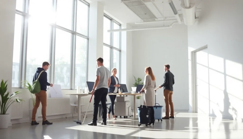 Team performing Jacksonville commercial cleaning with natural light brightening their organized workspace.