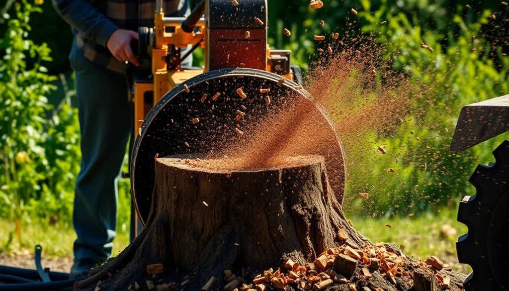 Stump grinding service demonstrating expert machinery removing a tree stump efficiently.