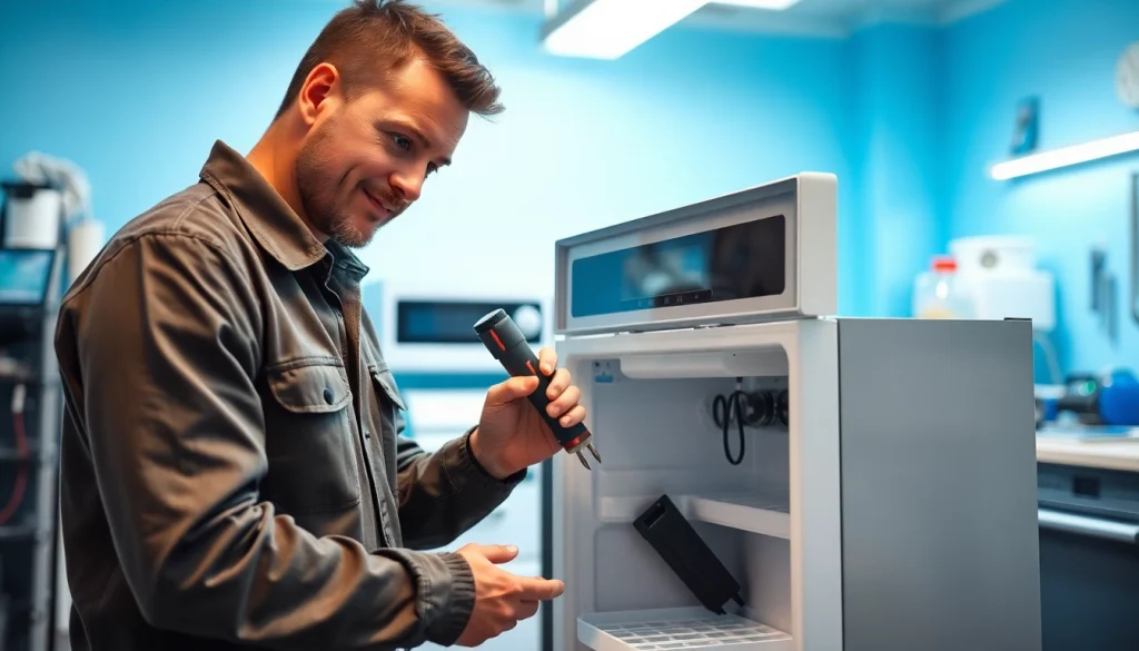 Technician performing ice machine repair in a bright and organized workshop.