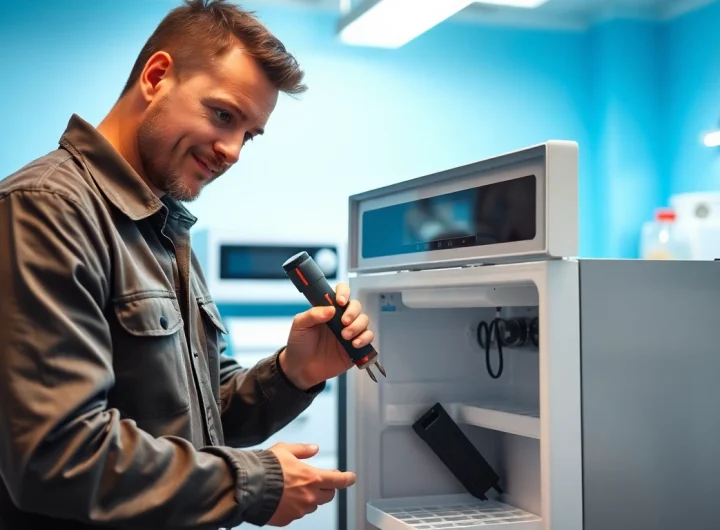 Technician performing ice machine repair in a bright and organized workshop.