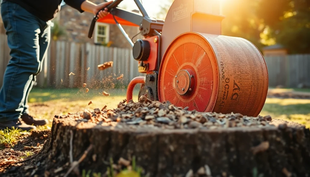 Efficiently executing stump grinding service with powerful machinery in a sunny backyard setting.