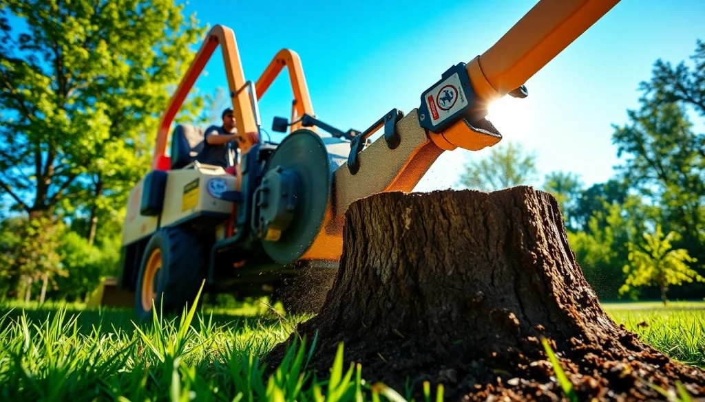 Efficient stump grinding service removing a tree stump in lush greenery.