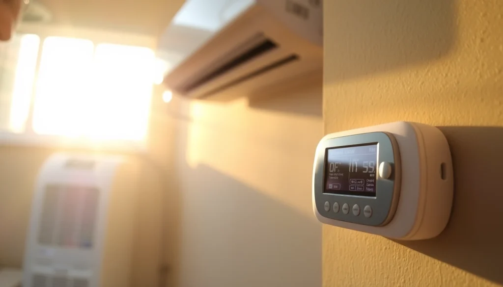 The thermostat shows settings while the central air conditioner is not blowing cold air, highlighting the homeowner's concern.