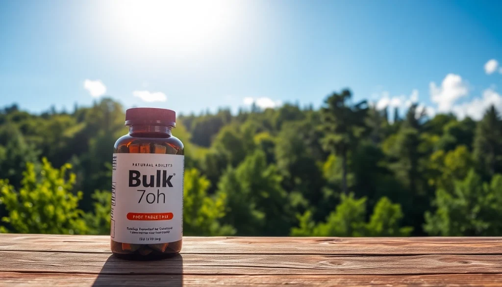 Display a bottle of Bulk 7oh tablets among natural scenery to emphasize quality and freshness.