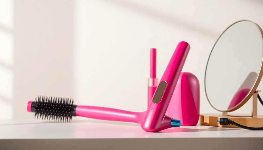 Use the hair styler kit's sleek design to achieve salon-quality hairstyles effortlessly in vibrant pink.
