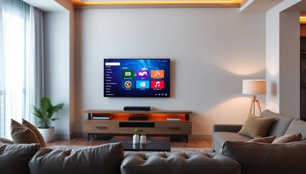 View of a modern living room engaging users with an iptv trial on a flat-screen TV.