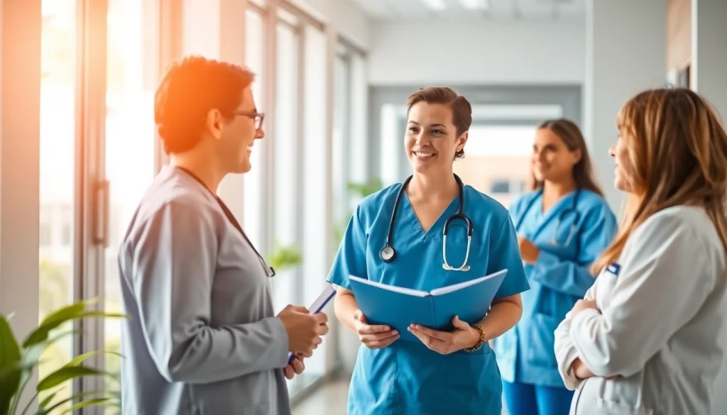 Enhance personalgewinnung in der pflege by showcasing engaged recruiters and candidates in a modern and inviting environment.