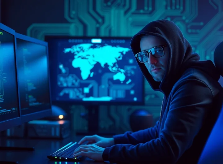Where can I hire a hacker? Professional hacker at work on a futuristic computer, showcasing cybersecurity expertise.