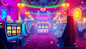 Discover exciting free spins opportunities with vibrant casino visuals showcasing colorful slot machines.