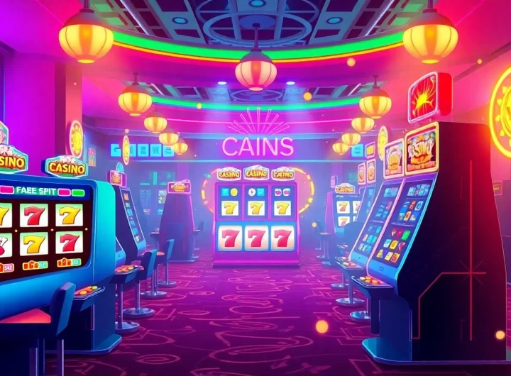 Discover exciting free spins opportunities with vibrant casino visuals showcasing colorful slot machines.