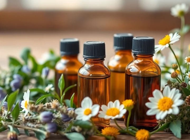 Explore essential oil bottles with fresh herbs, showcasing natural scents and therapeutic properties.