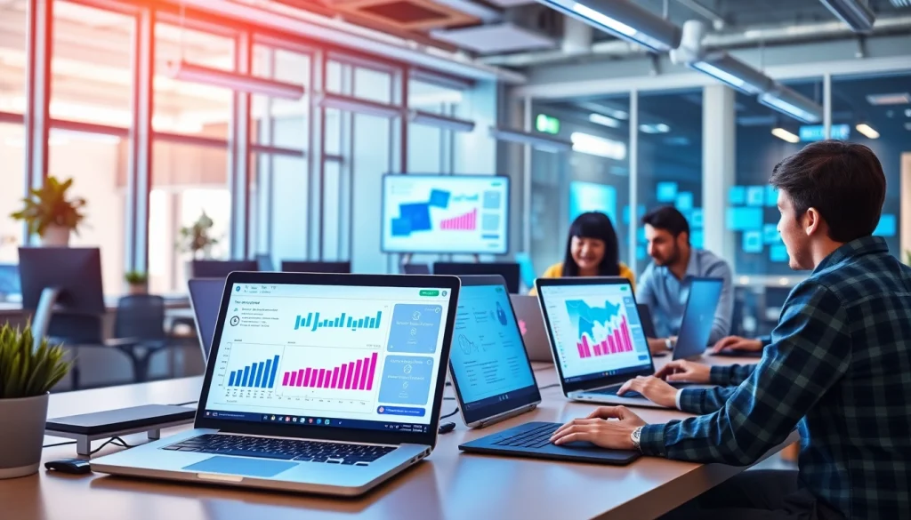 Showcase AI marketing tools enhancing productivity and collaboration in a tech-savvy workspace