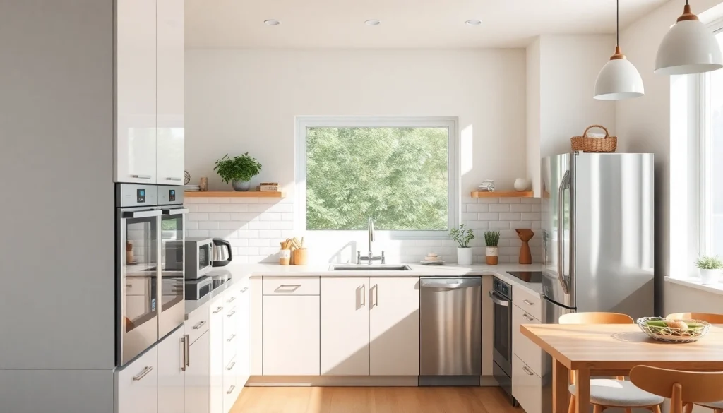 Showcase affordable kitchen appliances with sleek stainless steel surfaces in a modern kitchen.